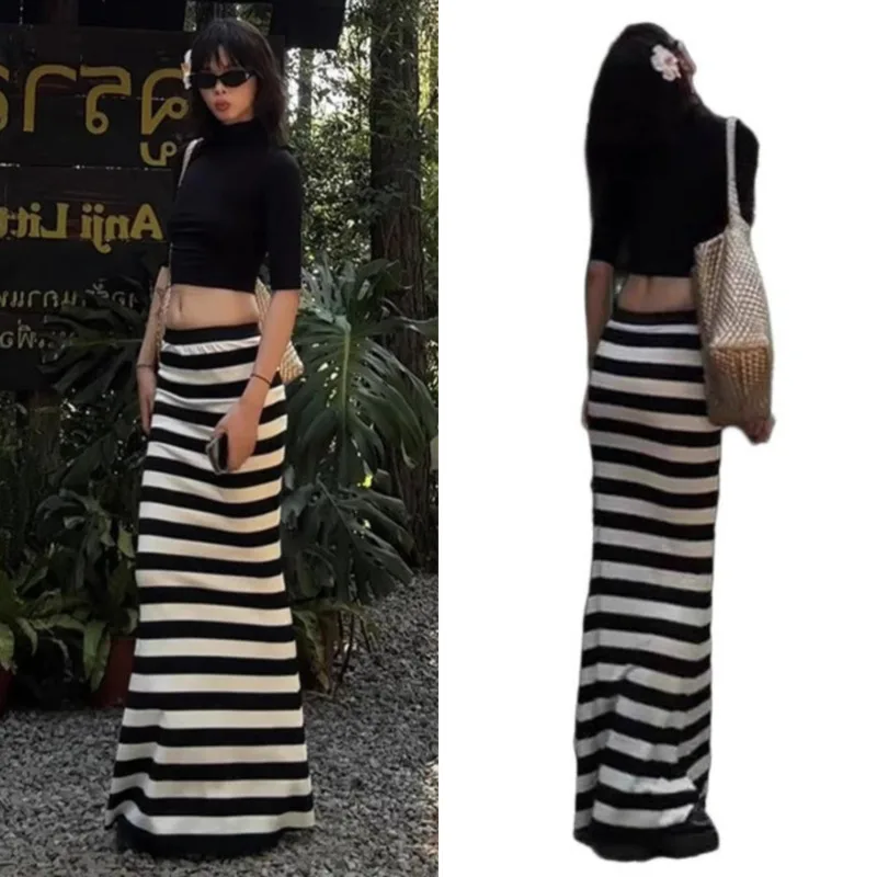 

Y2K Striped Dresses Comfortable Casual Plaid Long Skirt With Drawstring And Belt High Waist A-Line Commuter Skirt For Women New
