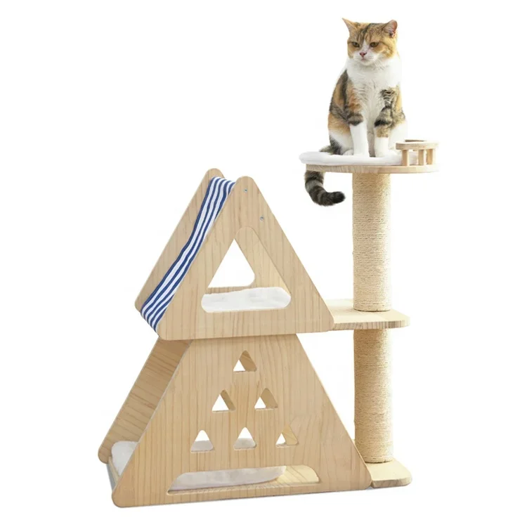 Multi Cats Triangle Wood Cat Tower Tree Cat Climbing Frame with Sisal Claw Scratchers