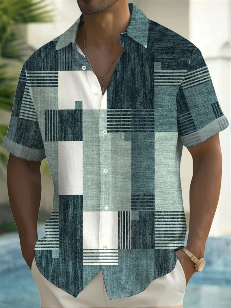 

Гавайские рубашки с геометрическим рисунком в стиле ретро для мужчин, летняя модная рубашка для отдыха и отпуска, рубашка с 3D принтом, повседневная одежда большого размера, топ