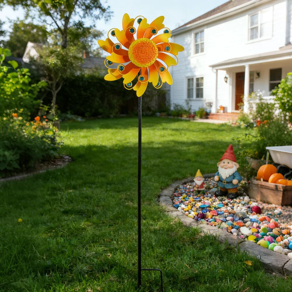 Metal Sunflower Garden Spinner Windmill Outdoor Yard Lawn Ornament Stake Dynamic Landscape Pastoral Art Decor