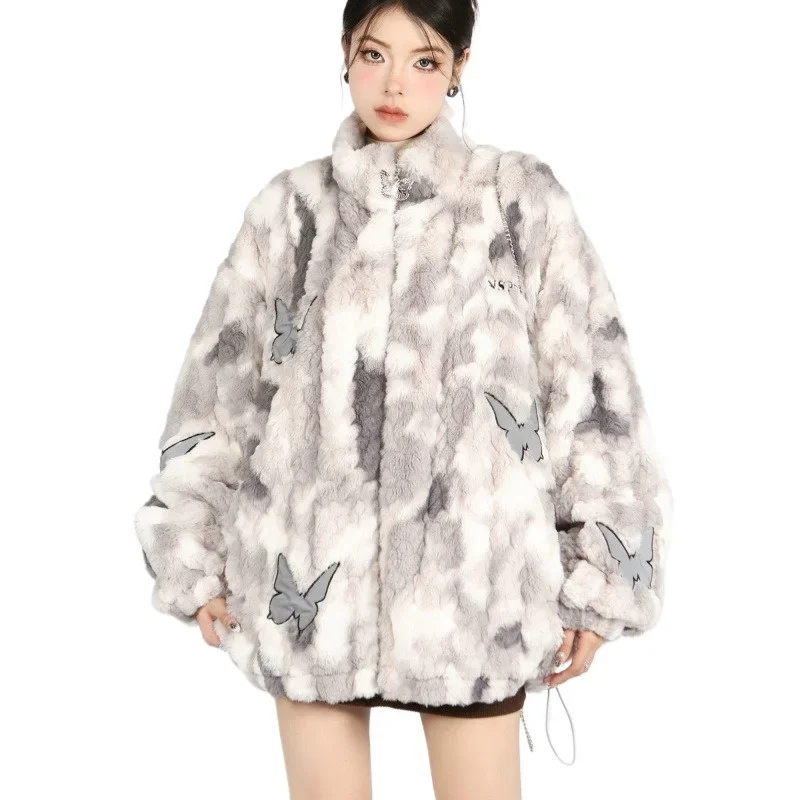 

New American Fashion Tie-dye Reflective Butterfly Lamb Wool Female Winter Men Niche Design Sense Thick Cotton-padded Coat Women