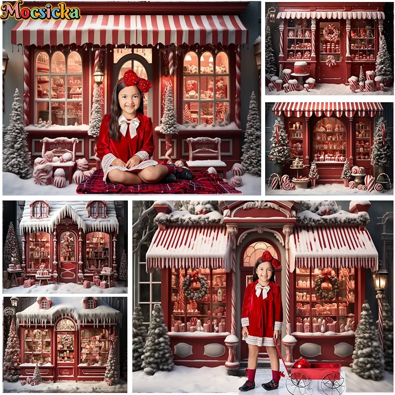 

Mocsicka Red Christmas Candy Shop Backdrop For Kids Portrait Holiday Party Photography Xmas Tree Wreath Snow Decor Props