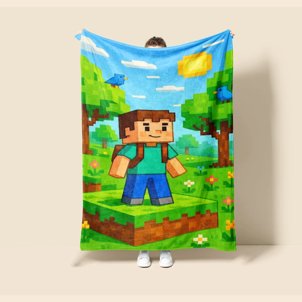 Throw Blanket Cartoon Minecraft Flannel Blanket Soft Warm Comfortable for Living Room Car Camping Children Gifts Full Size view 4
