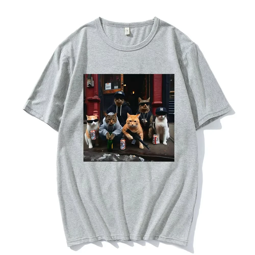 Camiseta Unisex de algodón 100_, camiseta informal de gran tamaño para verano, camiseta divertida de gato con pistola, camiseta Retro de Humor urbano harajuku