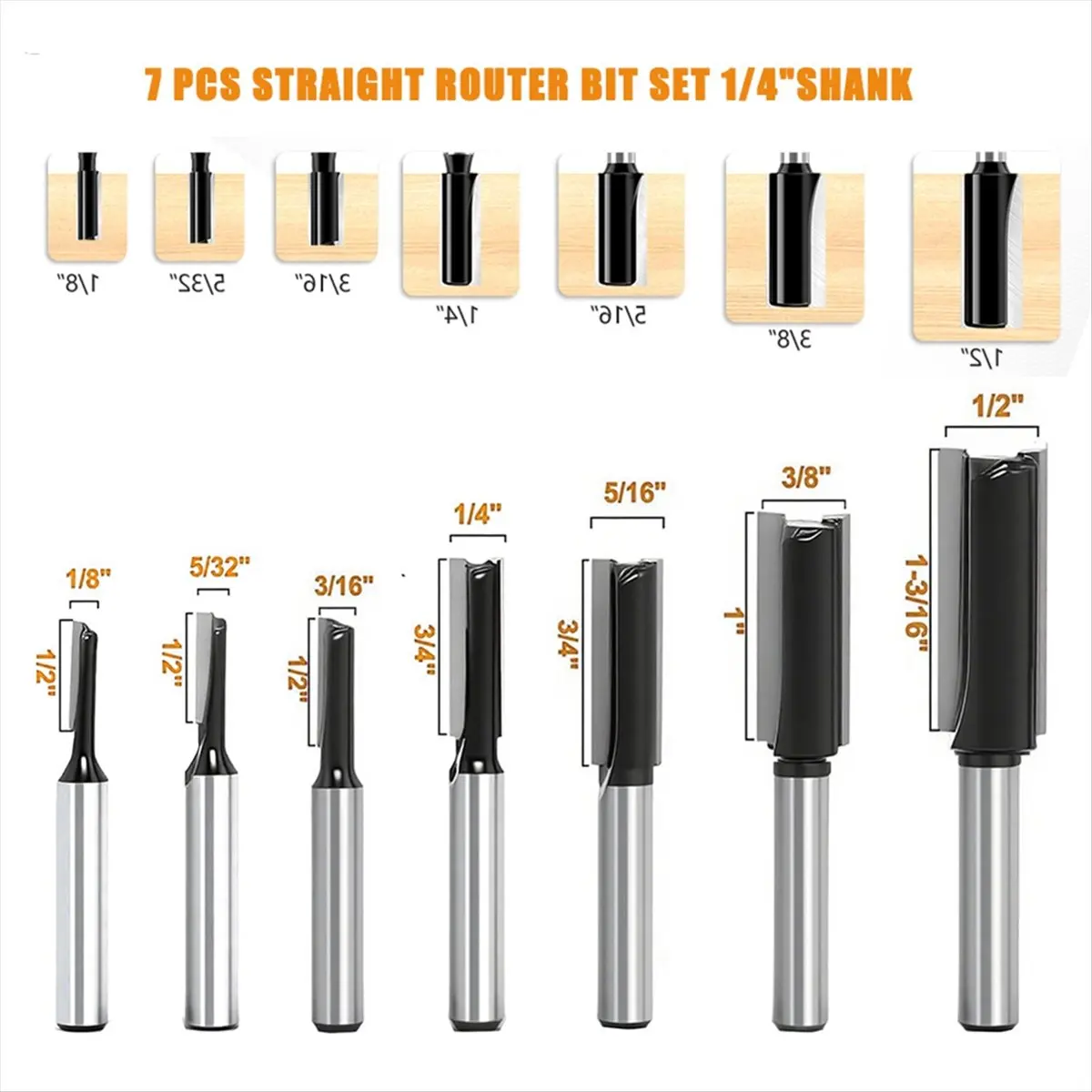 ~！【Best Seller】7Pc Straight Router Bit Set 1/4 Shank,Straight Bit Dado,Cut Dia 1/8in,5/32in,3/16in,1/4in,5/16in,3/8in,1/2in Rou