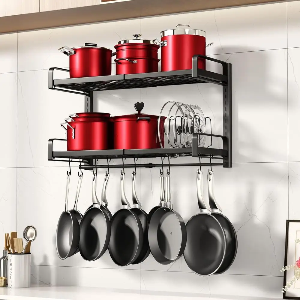 

Expandable 19-30 Hanging Pot Rack with 2 Tiers, 10 Hooks, and 5 Lid Holders for Kitchen Cookware Storage