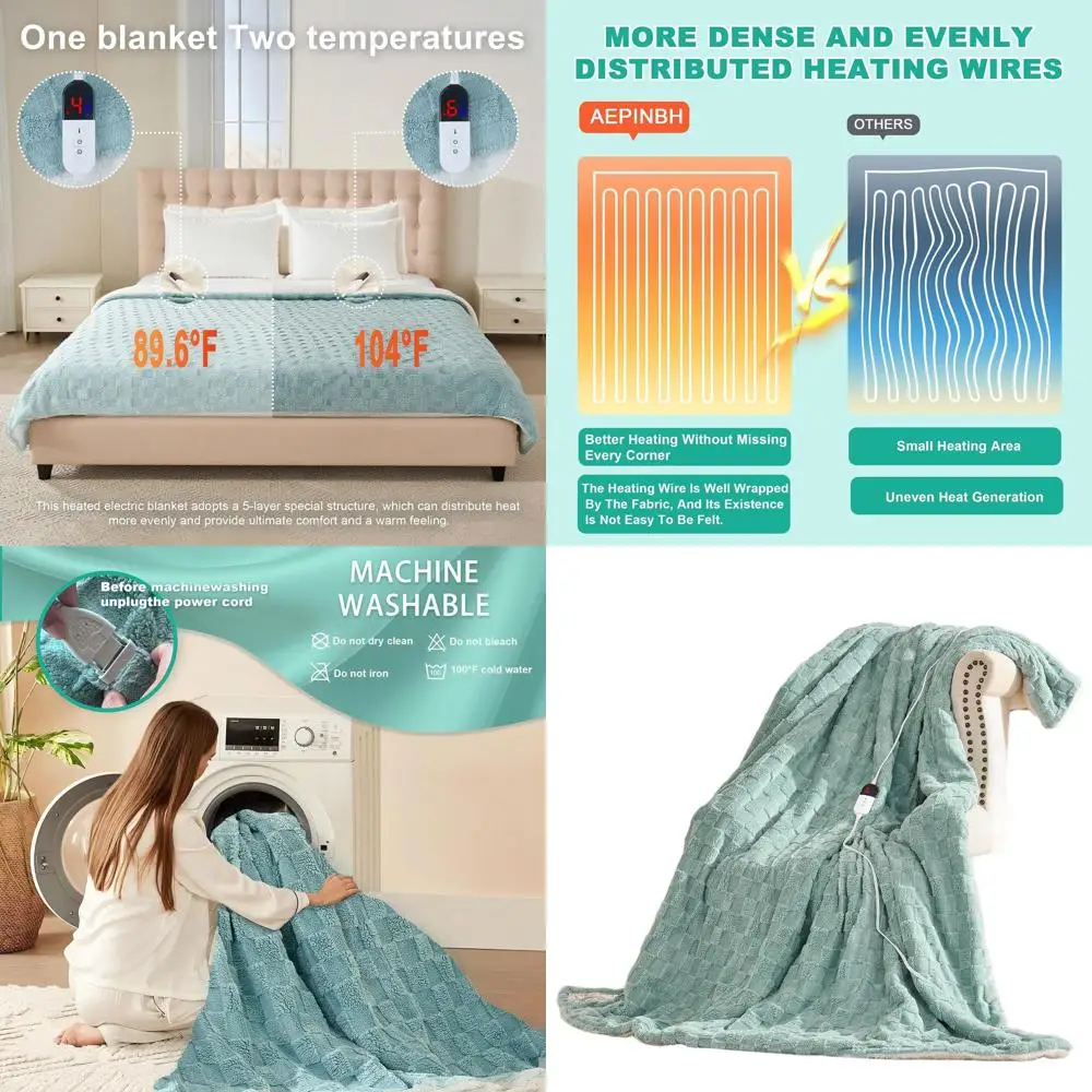 

Одеяло с подогревом на 6 секций, 10-часовое автоматическое отключение, плюшевая фланель, быстрое согревание, сертифицирован ETL и FCC (зеленый, 84x90)