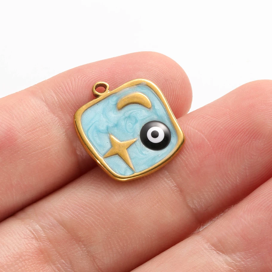 6 Stück echt vergoldete blau/dunkelblaue Strass-Böser-Blick-Anhänger aus Edelstahl, türkische Augen-Charms für Schmuckherstellung. – Detail 9