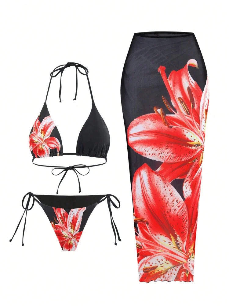 

Bikini Women Swimsuit 2025 New Print Halter Bikinis Set Sexy High Waist Swimwear Three Piece Beach Cover Up Bathing Suit Female