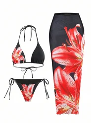 Bikini Women Swimsuit 2026 New Print Halter Bikinis Set Sexy High Waist Swimwear Three Piece Beach Cover Up Bathing Suit Female