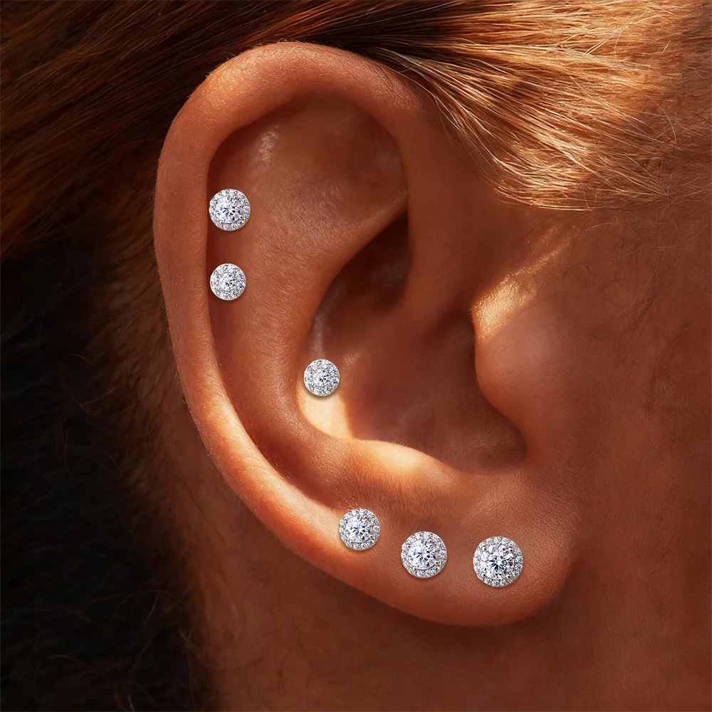 Aide 1 Stück 925 Sterling Silber Moissanit Halo Piercing Ohrstecker mit Schraubverschluss, rund, für Knorpel, 2-4 mm, für Damen und Herren – Detail 24