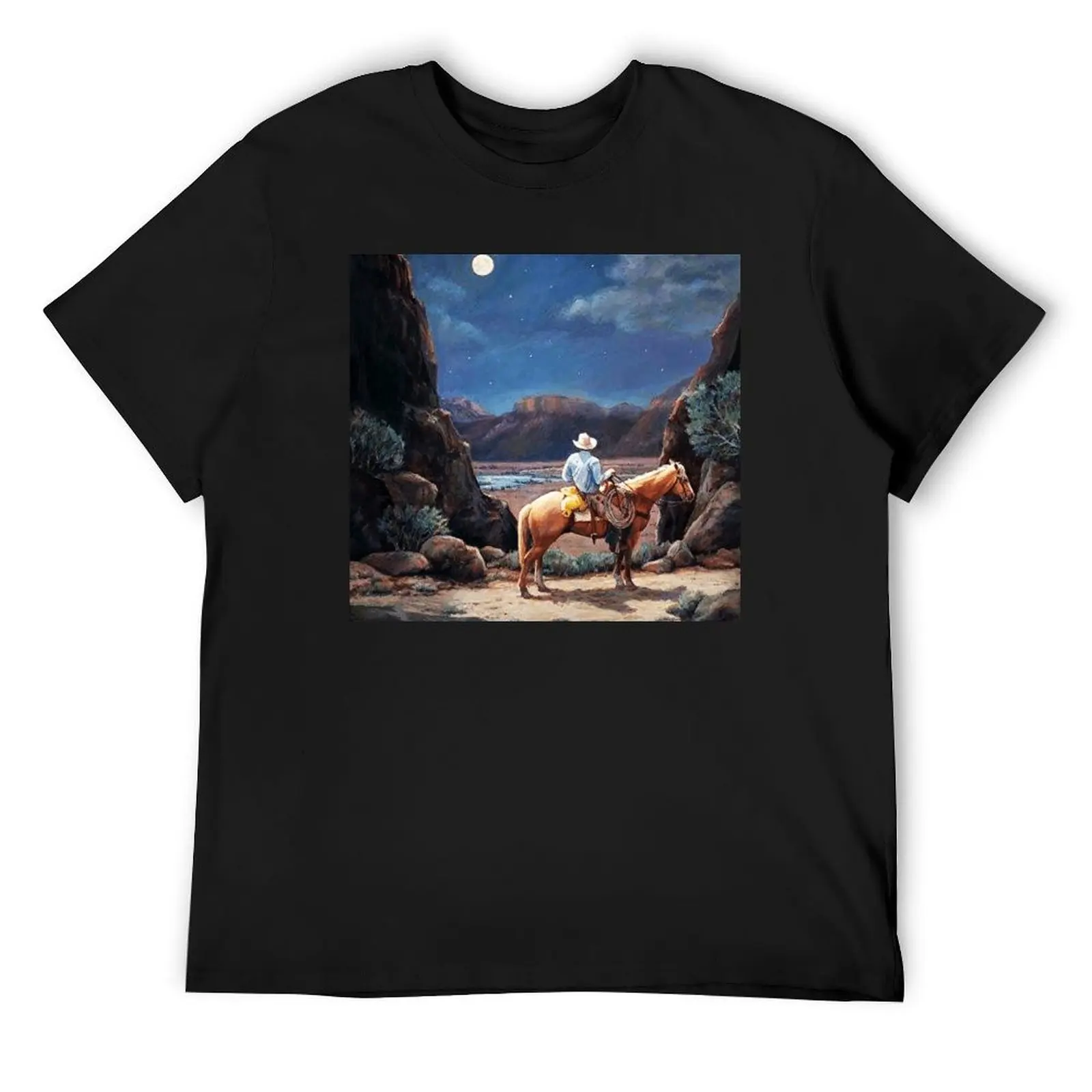 

cowboy is looking at the moon in the middle of the desert' T-Shirt shirts graphic tee vintage clothes mens funny t shirts