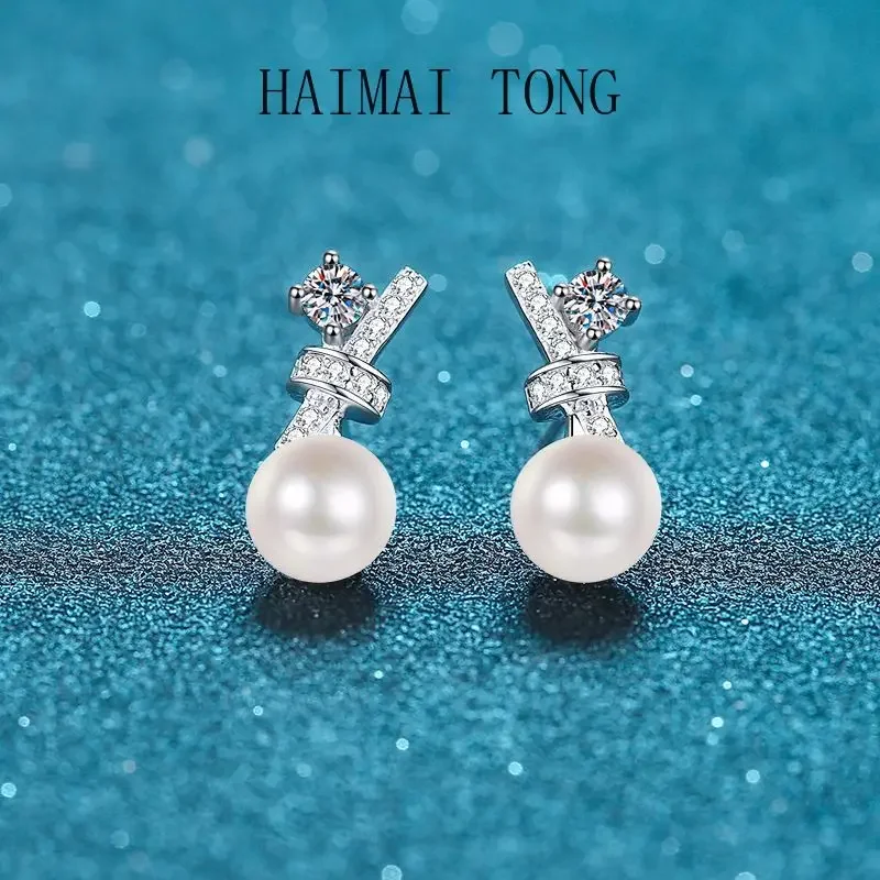 

HAIMAITONG Earring Set Woman's Freshwater Pt950 Platinum Pearl Cross Design moissanite Ear Studded Necklace