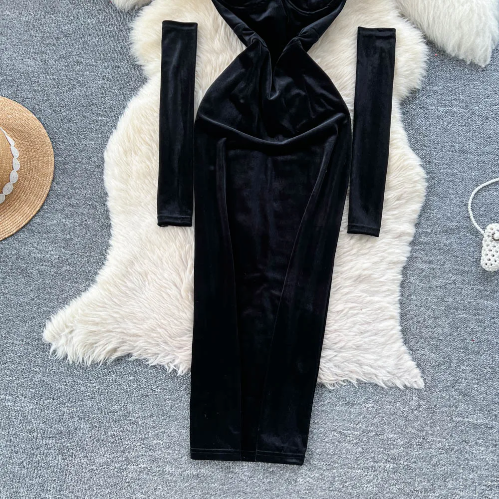 Chic vintage halter velour long sleeve Long dress korean fashion autumn women clothing ceremony dresses