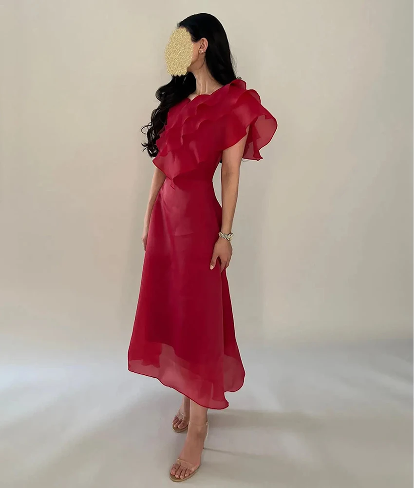 Customized Temperament Organza A-Line Ruffles Tiered Evening Dress Sexy Short Sleeves V-Neck Ankle Length Celebrity Gowns