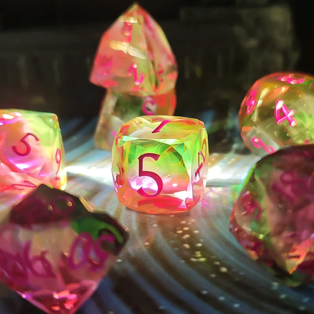 Hot Sale! 7PCS Pink-Green Gradient Dice, Polyhedral Resin Multifaceted Sharp Edge Dice Set for Tabletop RPG Games