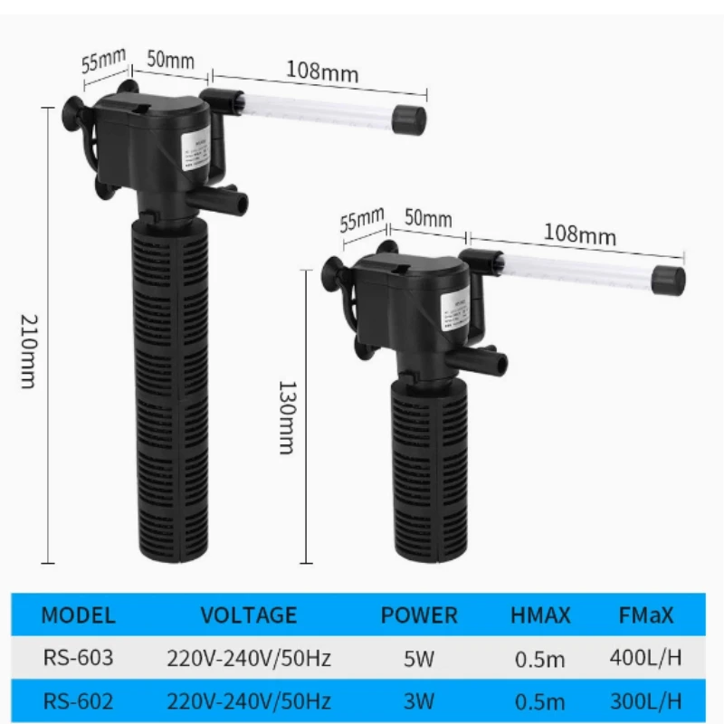 Mini Internal Filter for Small Turtle Tank & Fish Tank, Rainfall 3-in-1 Ultra-Quiet Oxygen Pump Aquarium Filter