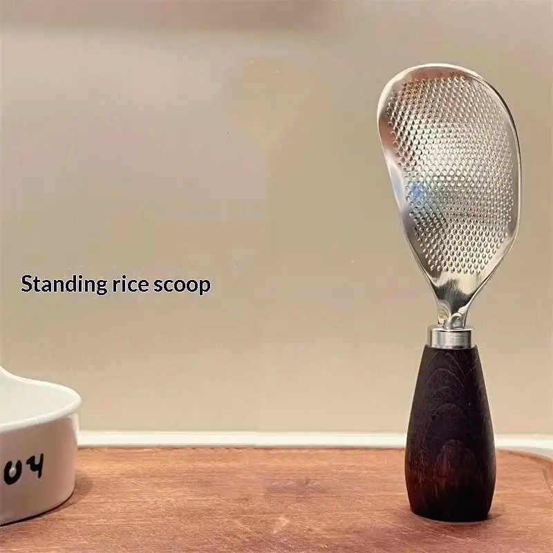 304 Stainless Steel Rice Spoon Can Stand Upright Wooden Handle Rice Spoon Household Short Handle Separating Spoon Cereal Spoon