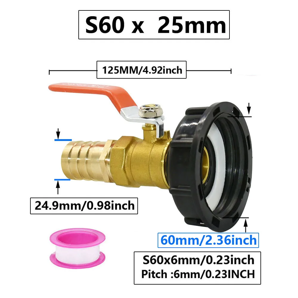 1000L IBC Tank Adapter S60X6 To 25mm Hose Brass Hose Fitting Tap Valve For Outdoor Water Tanks