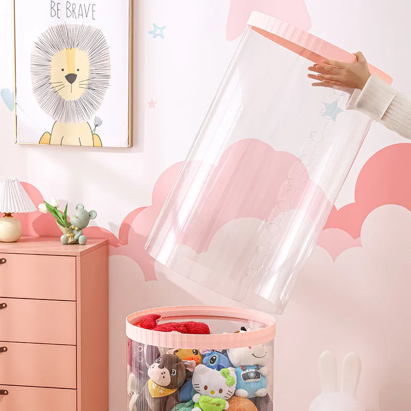 Plush Bucket Children\'s Toy Box Doll Storage Container Cylinder Rotation Transparent Moistureproof Storage Tube Organizer