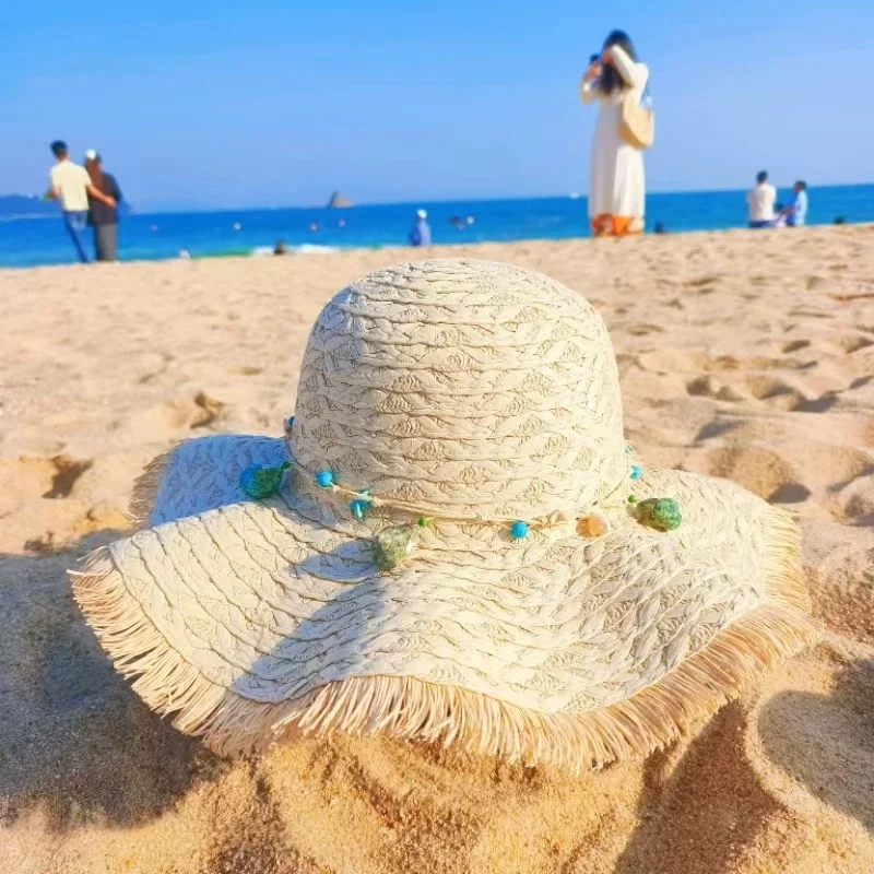 New-style Multicoloured Stone and Wood Conch Shell Straw Hat – Summer Beach Holiday Hat, Sun Protection Hat, Outdoor Leisure Hat