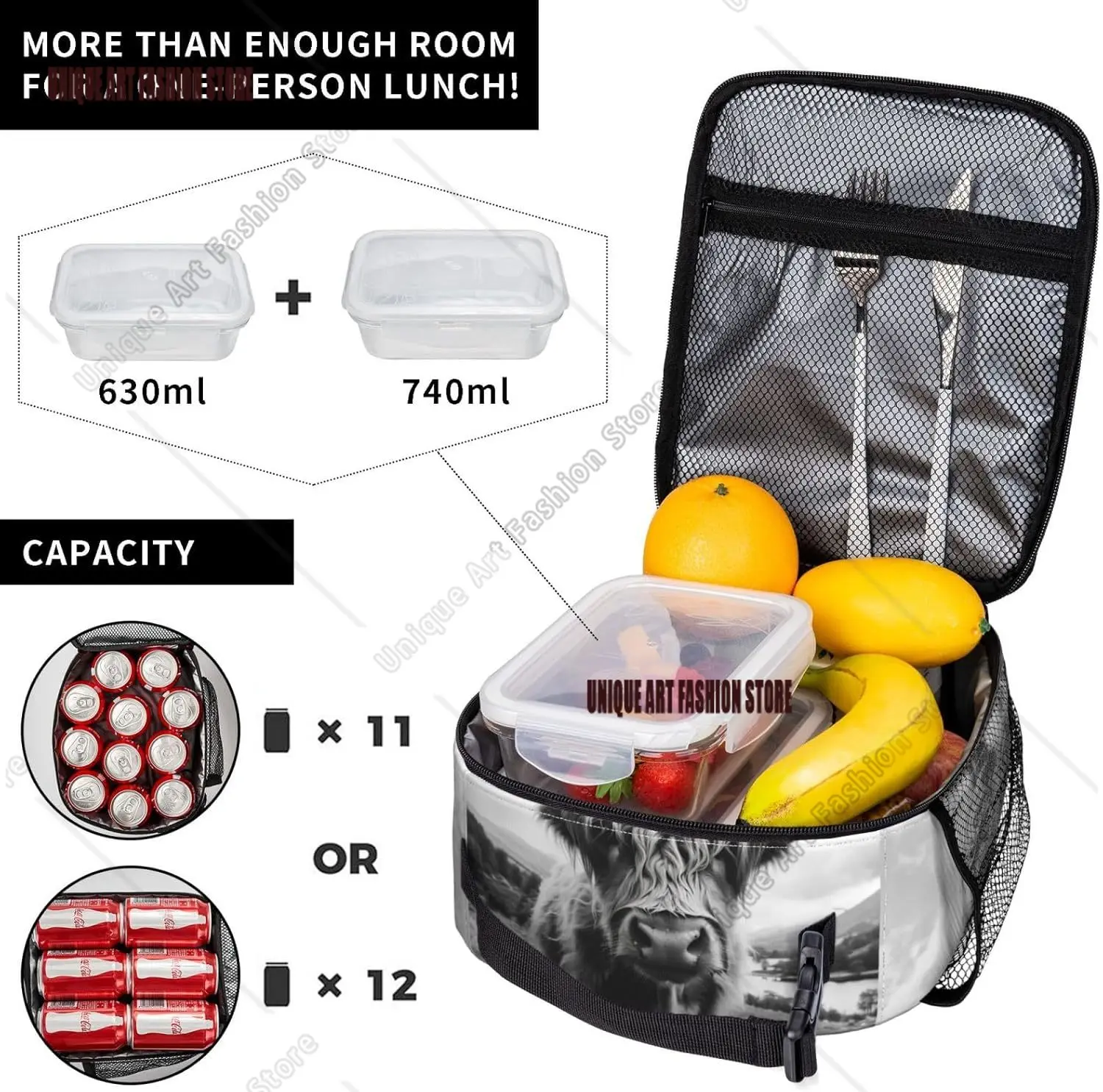 Koe geïsoleerde lunchbox voor dames heren Koe lunchtas voor werk Picknick Reizen Wandelen Strand of vissen Koe lunchbox