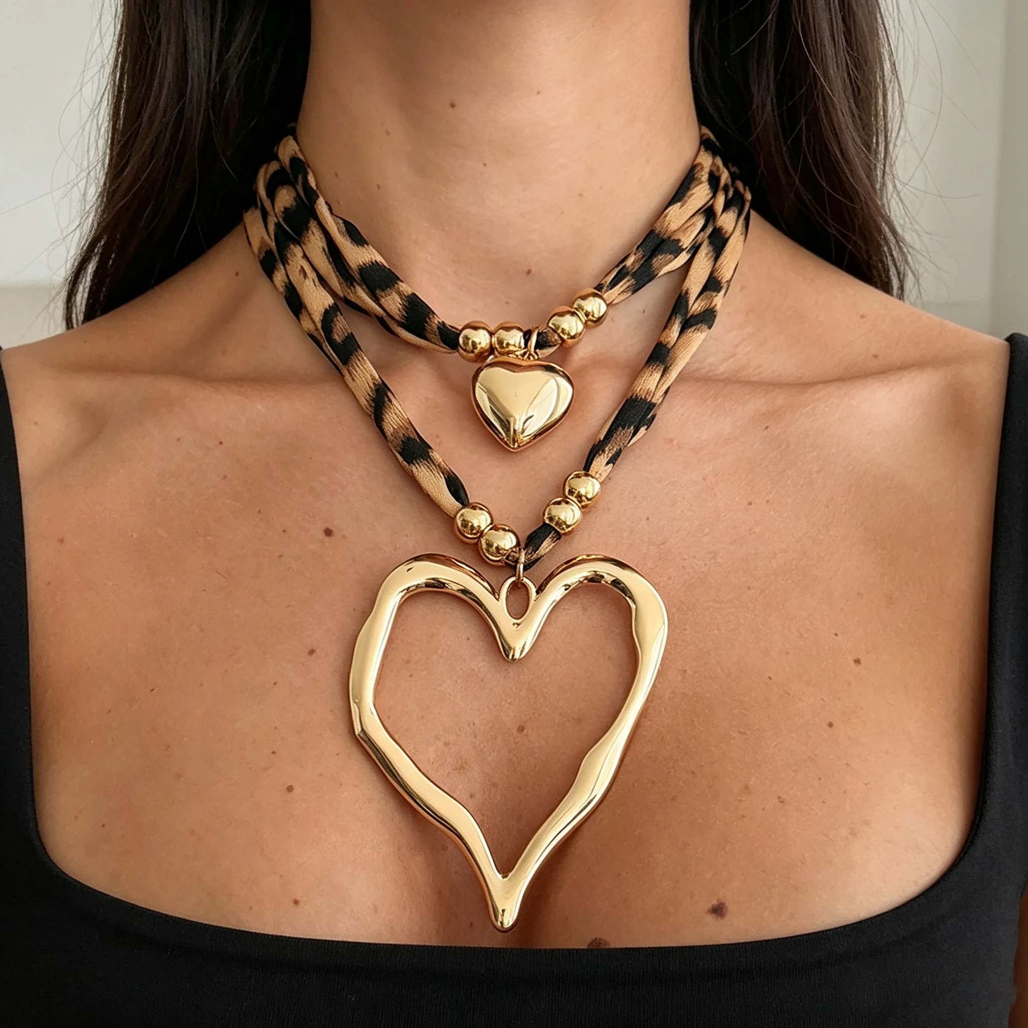Vintage Layered Leopard Fabric Choker Necklaces Women Metal Bead Double Heart Pendant Stackable Trendy Daily Jewelry