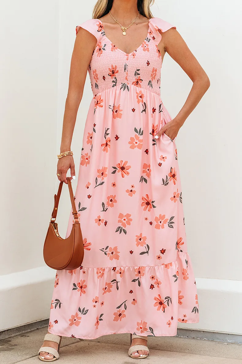 

Jastie 2025 Summer Bohemian V-neck Dress Women Holiday Style Fashion Boho Floral Print Long Beach Dress Casual Women Vestidos