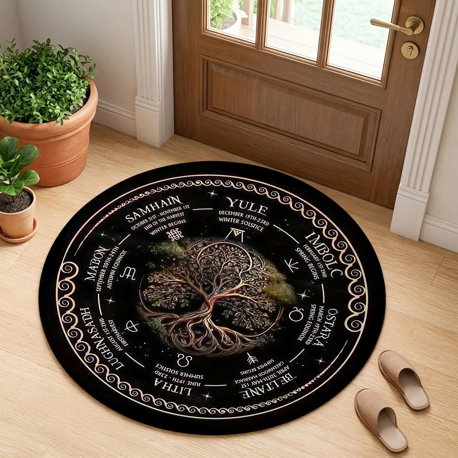 Mystical Tree of Life Round Rug with Moon Phases Non-Slip Carpet for Entryway Bedroom Meditation Space Home Decor Floor Mat