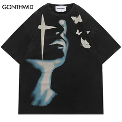 Vintage Streetwear Punk T Shirt Hip Hop Butterfly Shadow Graphic Print Washed Tshirt Men Harajuku Gothic Tee 2024 Fashion Top