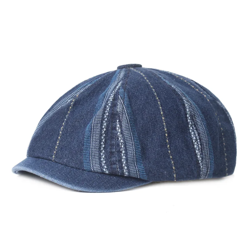 Denim Octagonal Hat Literary Youth Beret Retro Newsboy Men's Cap Summer Fashion Adjustable Striped Short Brim Sun Protection