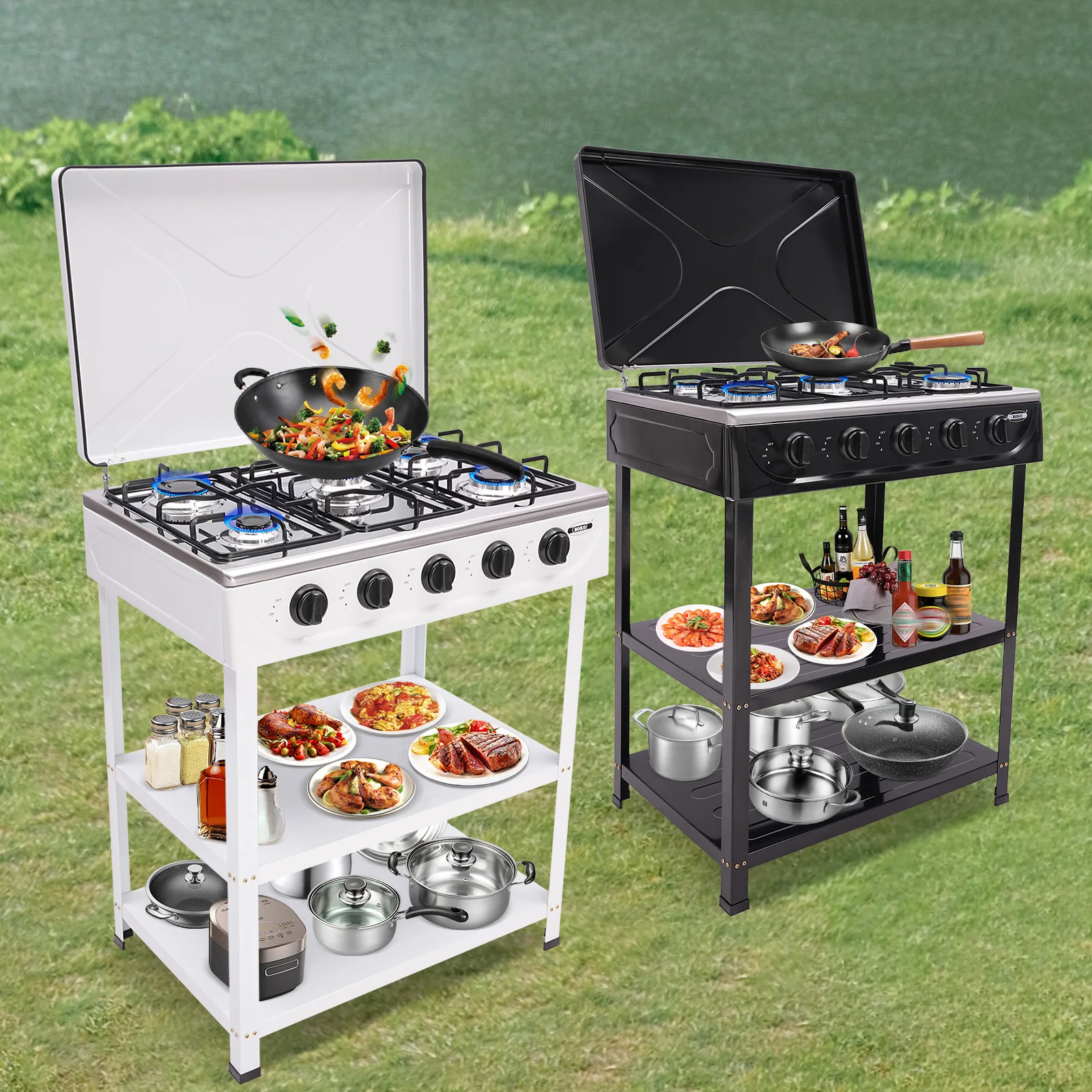 

Natural Gas Stove with 5 Burners Portable Natural Gas Stove with Cover Storage Rack for Outdoor Camping RV Travel