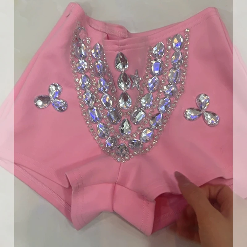

Pole Dance Clothes Pink Shorts With Rhinestone Nightclub Bar Dancewear Gogo Dance Costume Sexy Performance Rave Clothing VDL3452