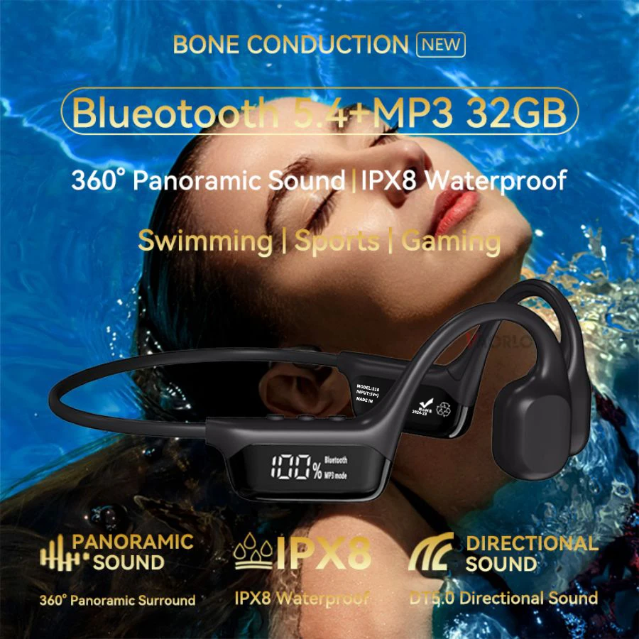 VAORLO IPX8 5.4 Bluetooth Waterproof Bone Conduction Headphone MP3 (32G) HIFI Sound Quality Swimming Sports Music Earphone