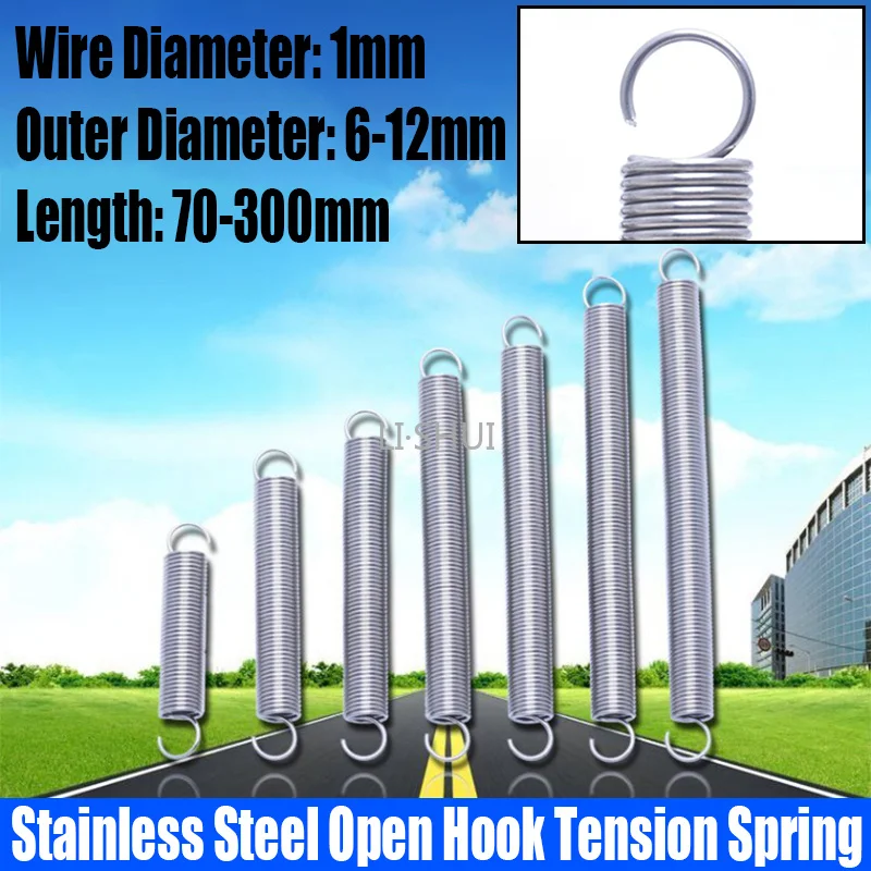 1/2PCS 1mm Wire Dia 304 Stainless Steel Open Hook Tension Spring S Hook Extension Spring Coil Pullback Spring L=70-300mm