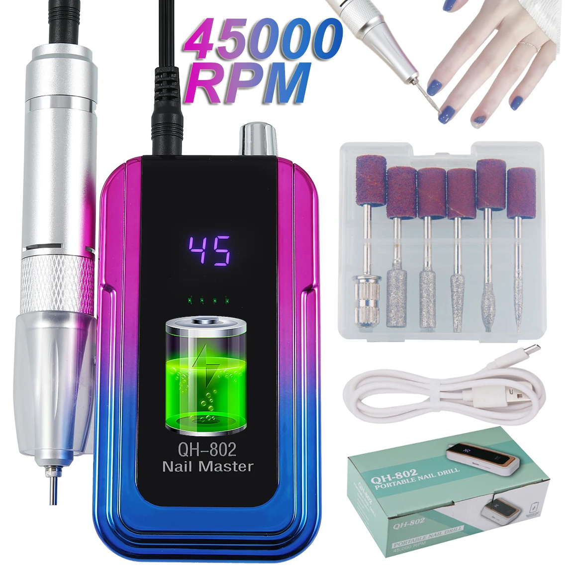 45000 دورة في الدقيقة آلة حفر الأظافر الكهربائية المحمولة ملف الأظافر قابلة للشحن مسمار ساندر ل هلام تلميع الأظافر لصالون مانيكير #1