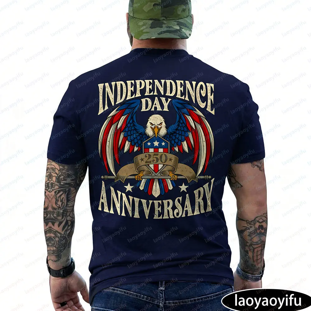 Vintage The United States Independence Day Anniversary Eagle Back Print T-Shirt Men Patriotic NationalDayGraphic Tee Casual Tops