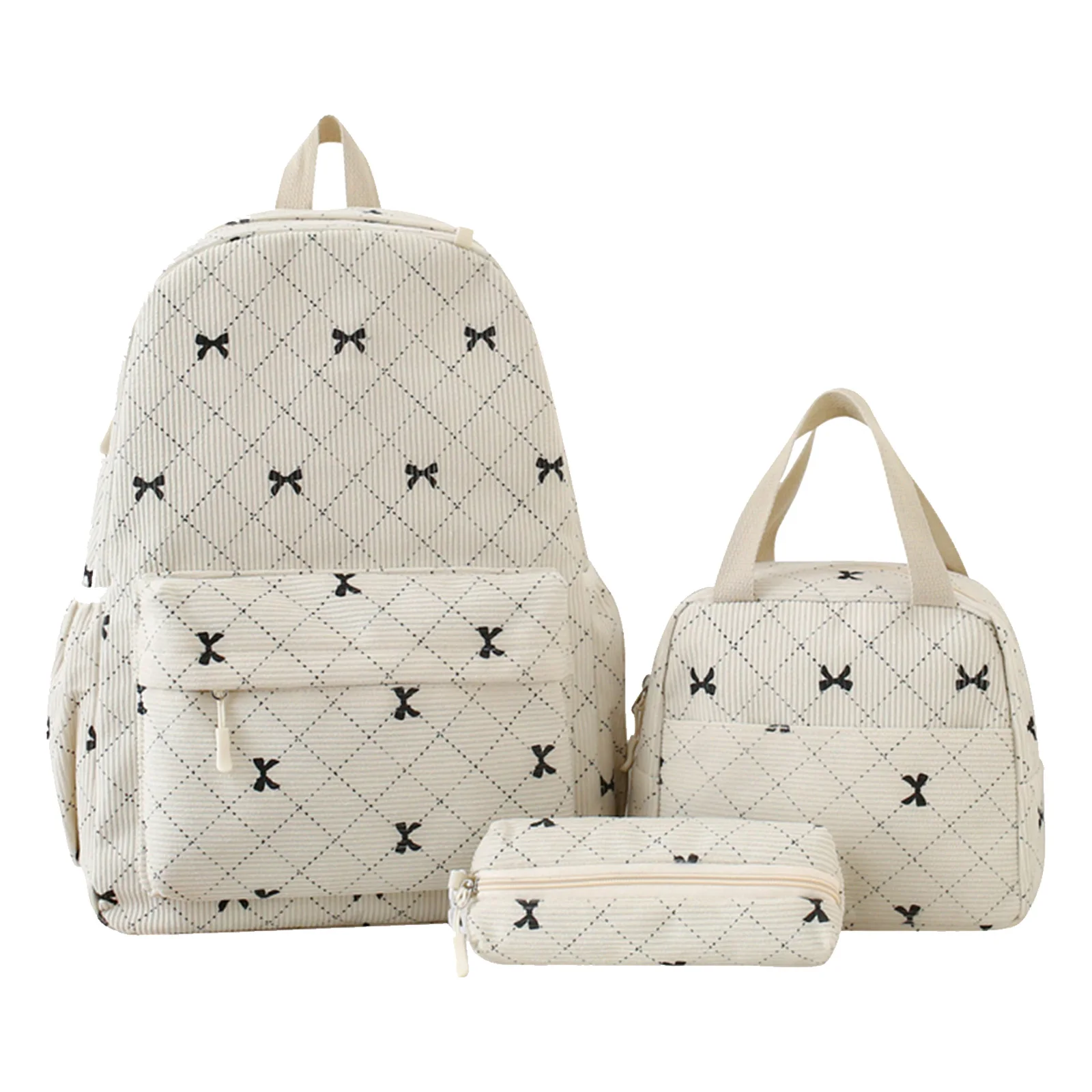 

Corduroy Cute Bow School Backpack with Lunch Bag and Pencil Case School Bag for Girls Women Casual High-school College