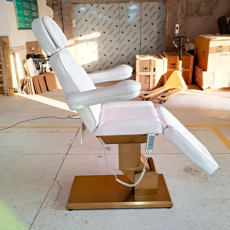 New Arrival Gold Stainless Steel Base 3 Motor Massage Eyelash Table Modern White Leather Aesthetic Facial Bed For Sale