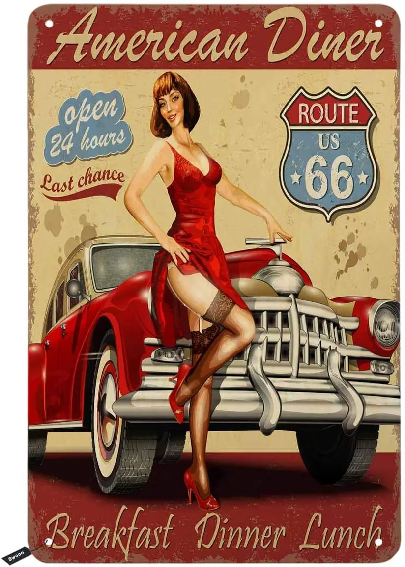Swono American Diner Route US 66 Tin Signs,Open 24 Hours Breakfast Dinner Lunch Vintage Metal Tin Sign for Men Women,Wall D sign