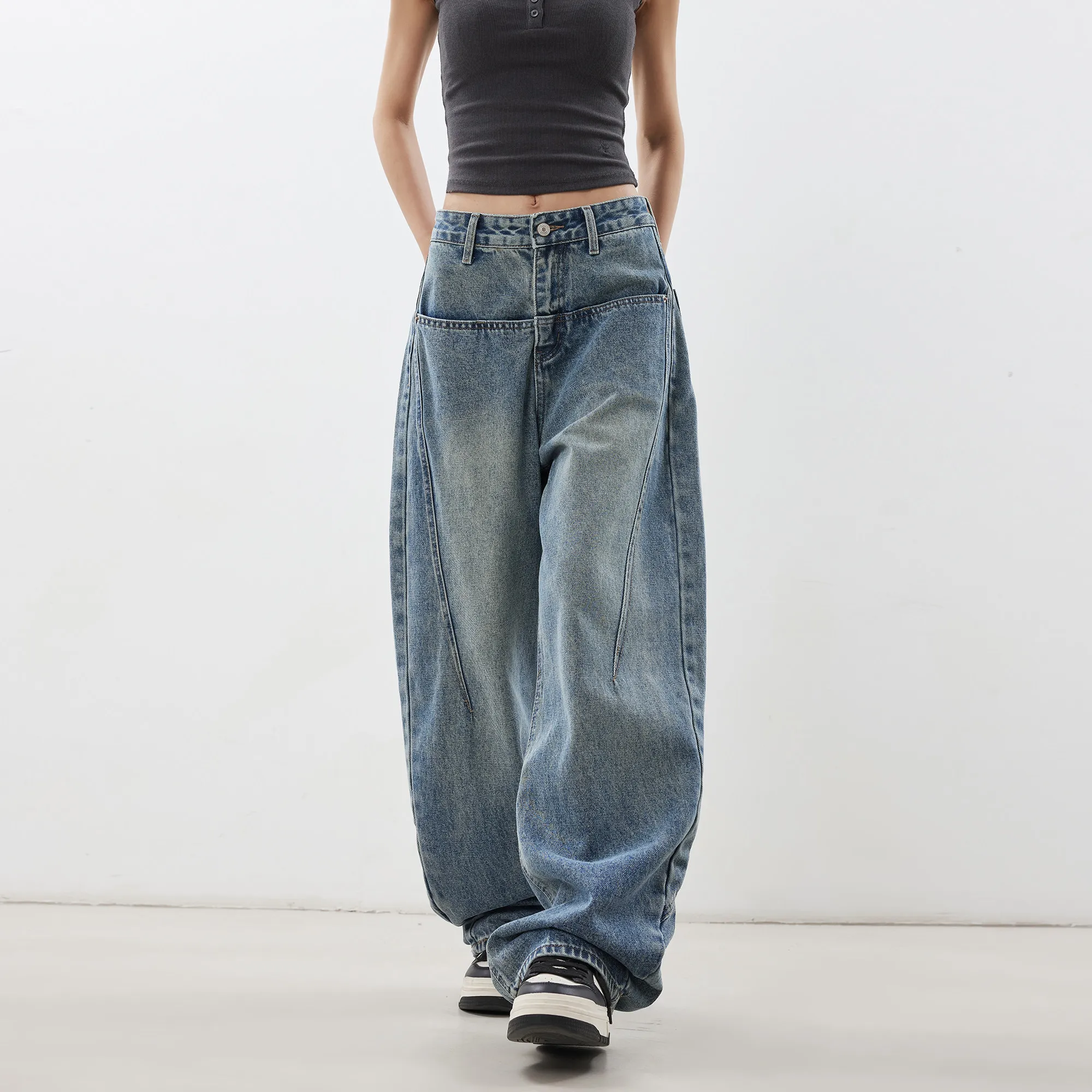 

Американские ретро-джинсы с широкими штанинами и высокой талией, женские, свободного кроя, с эффектом стройности, прямые, в пол, модель «сенсация»