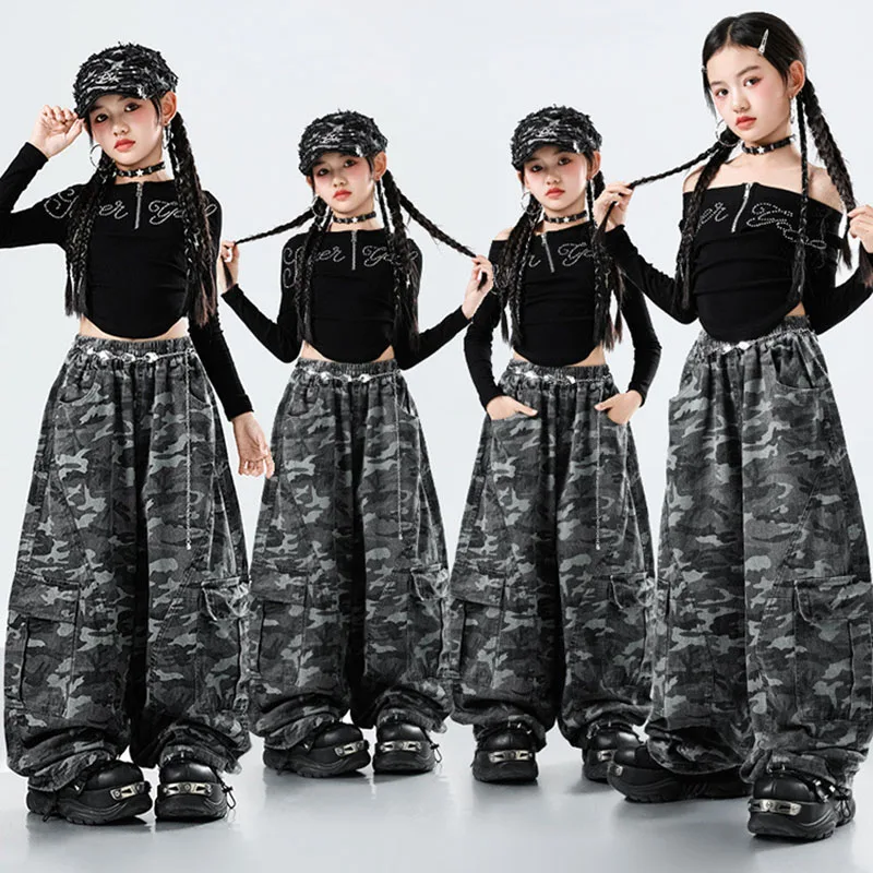 

Kid Kpop Hip Hop Clothing Black Stoned Zip up Crop T Shirt Camo Curved Blade Cargo Pants for Girl Street Dance Costumes Clothes