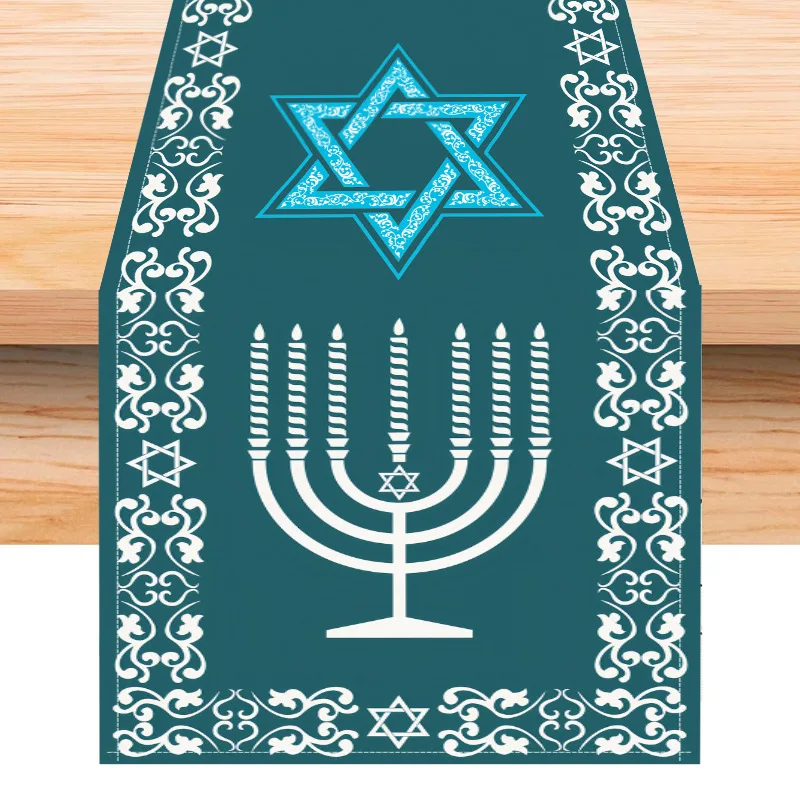Hanukkah Table Runner Blue Gold Menorah Star of David Jewish Holiday Dining Table Decor Winter Festival Home Party Gift Cloth