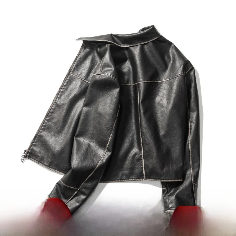 

Retro Motorcycle Washed Faux Leather Zipper Jacket Men's Casual Loose Fit Spring 2026 Trendy Outerwear Polyester Fiber 100%