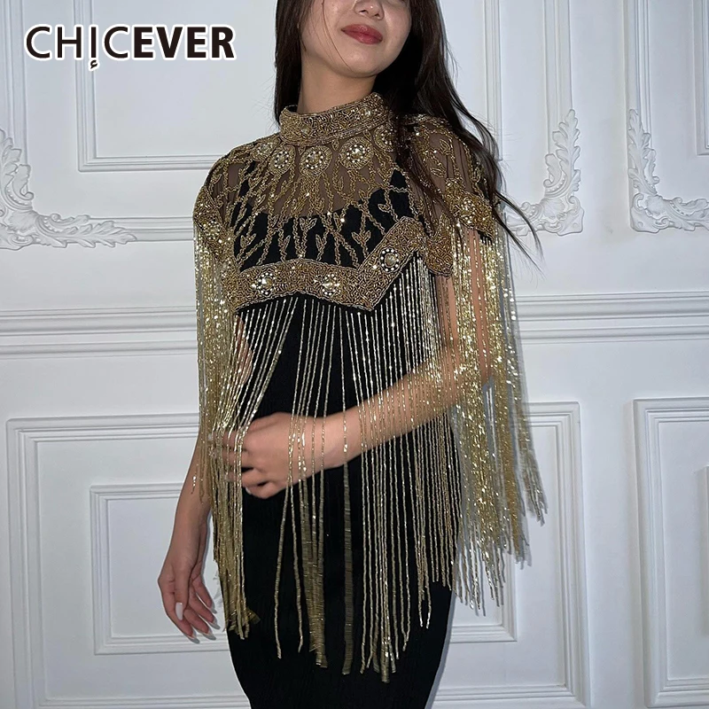 CHICEVER Patchwork Gold Color Tassel Shawl for Women Stand Collar Spliced Diamonds Hollow Out Loose Jacket Female Fashion New