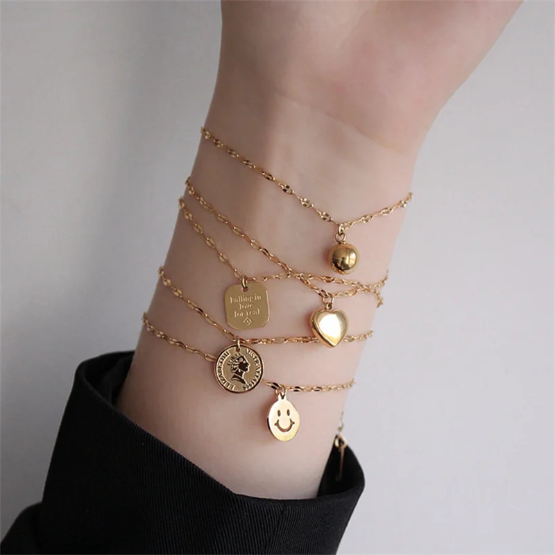 YUN RUO Yellow Gold Color Heart Smiling Face Chain Bracelet Woman Birthday Gift 316 L Titanium Steel Jewelry Not Change Color