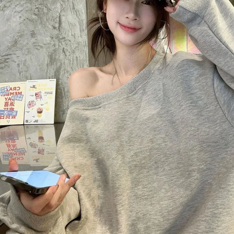 2025 بلون مائل الكتف سترة بأكمام طويلة المرأة الخريف والشتاء جديد صغير الحلو والتوابل خارج الكتف #2