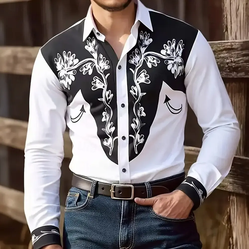 Herren-Hemd mit Blumendruck, ethnisches Scrollwork-Hemd, Western-Hemd, Cowboy-Hemd, langärmlig, Vintage, Retro, Outdoor, Urlaub, Frühling und Herbst