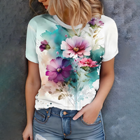 Women's Pink Purple Blue Floral Print T-Shirt - Watercolor Artistic Casual Summer Style Short Sleeve