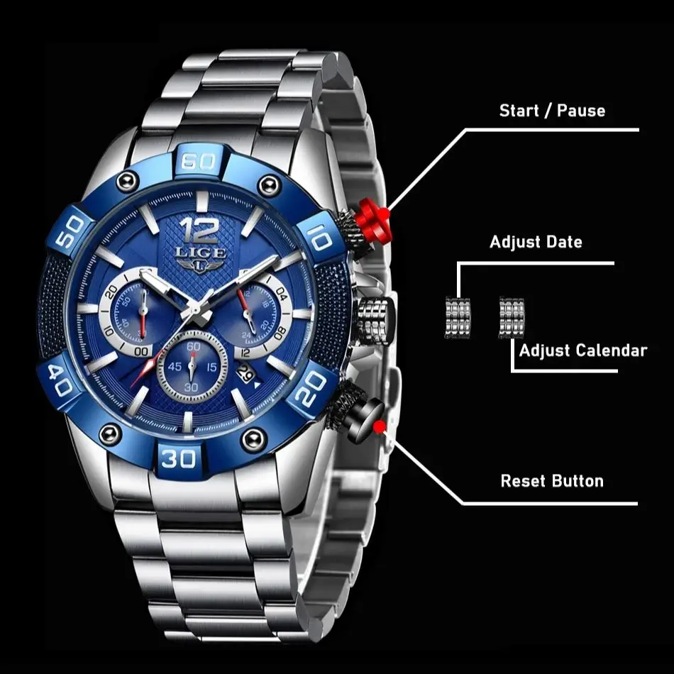 Erkekler için 2024 yeni saatler Mens LIGE spor su geçirmez izle aydınlık kronograf Mens saatler üst marka lüks Relogio Masculino